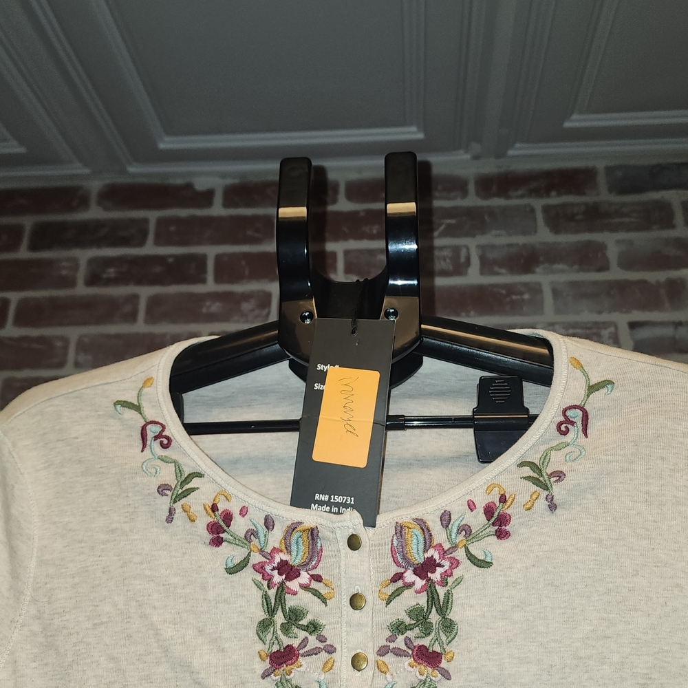 Floral Embroidered Patchwork Button Down Shirt NWT - image 3